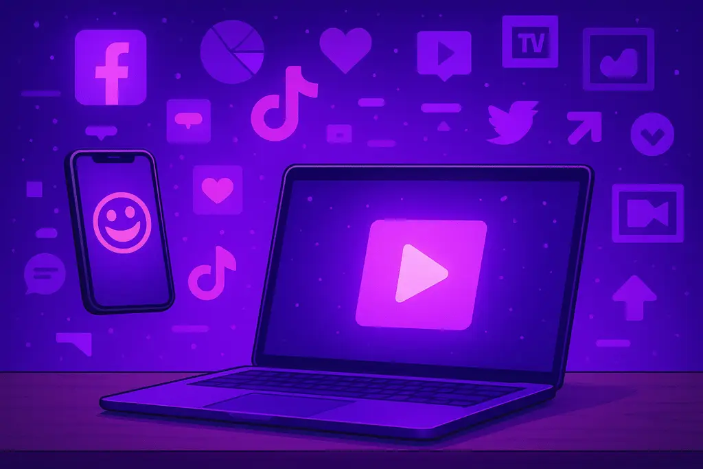 Purple neon digital illustration of a laptop and smartphone surrounded by social media icons representing content creation and marketing strategy.