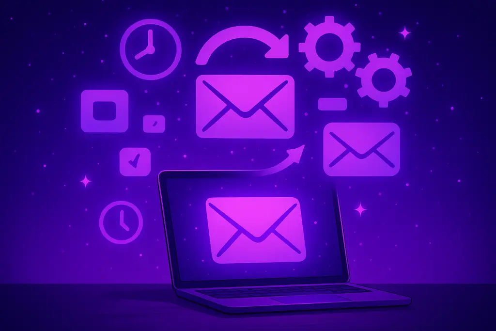 Purple-themed digital illustration showing a glowing envelope icon on a laptop, surrounded by automation and workflow symbols.