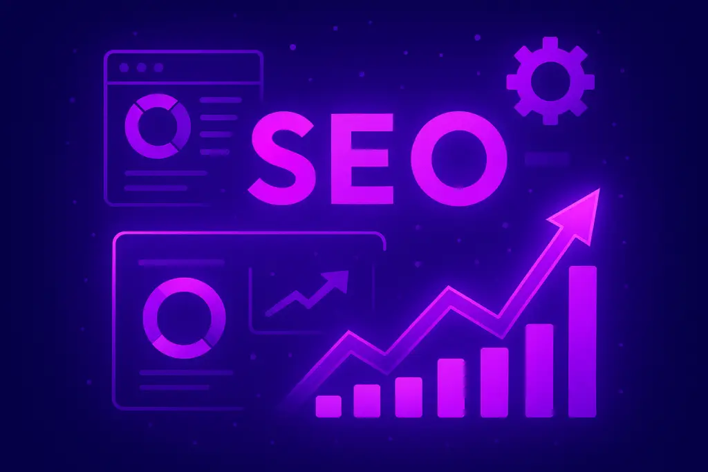 Neon purple digital artwork of SEO metrics including bar graphs, browser windows, and search icons, symbolizing ranking growth.